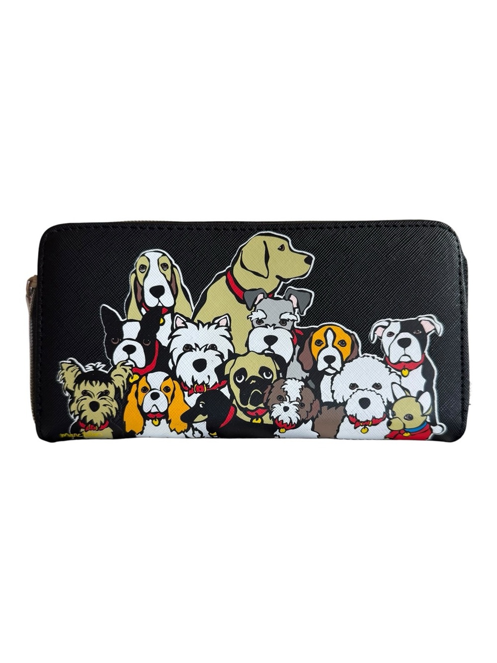 Marc Tetro Dog Group Zip Around Wallet NWOT Black Multi Dog Lovers